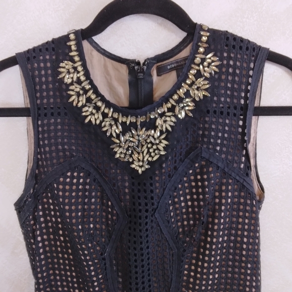 Size 2 BCBGMaxAzria Black and Nude Eyelet Dress Rhinestone Jeweled neckline - Picture 2 of 13